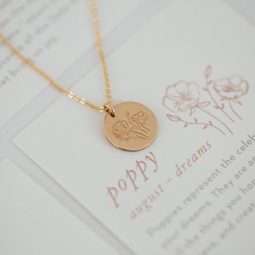 NEW August Poppy Birth Flower Gold Coin Necklace - Picture 2 of 16